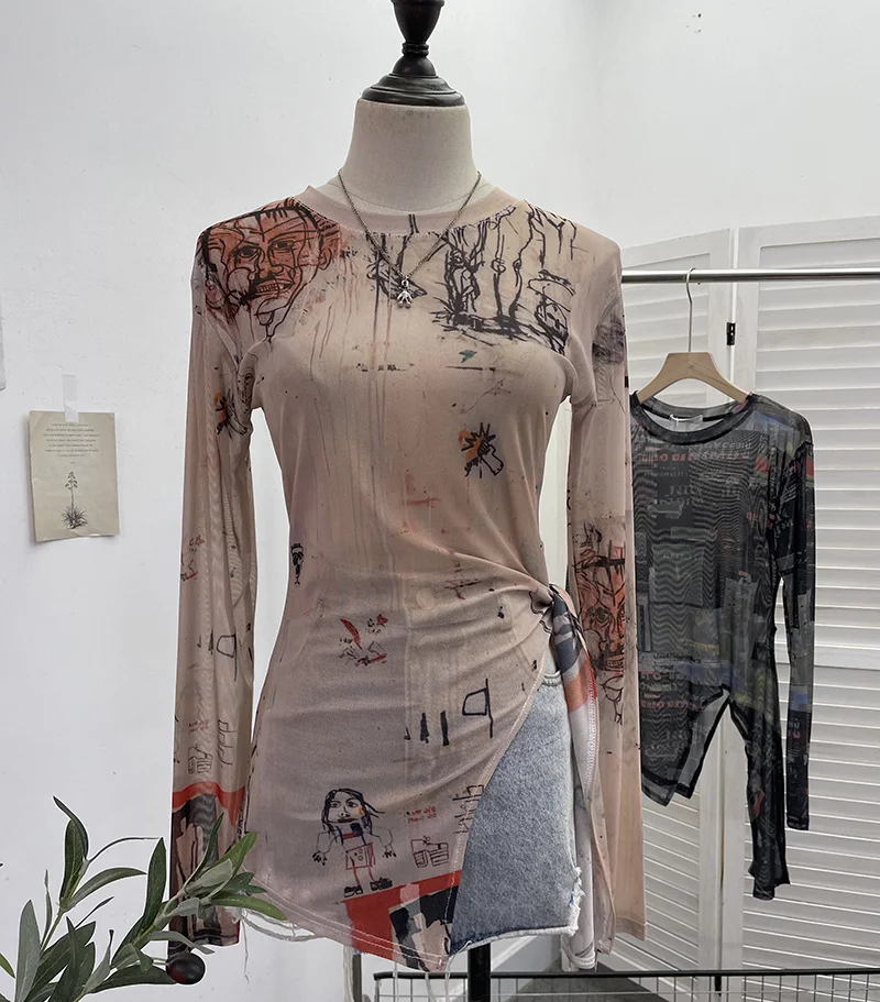 Uveng Vintage Tie-Dye-Print Net Yarn Jersey Long-Sleeved Top Irregularly T-Shirt With Thin Short T-Shirt 1919