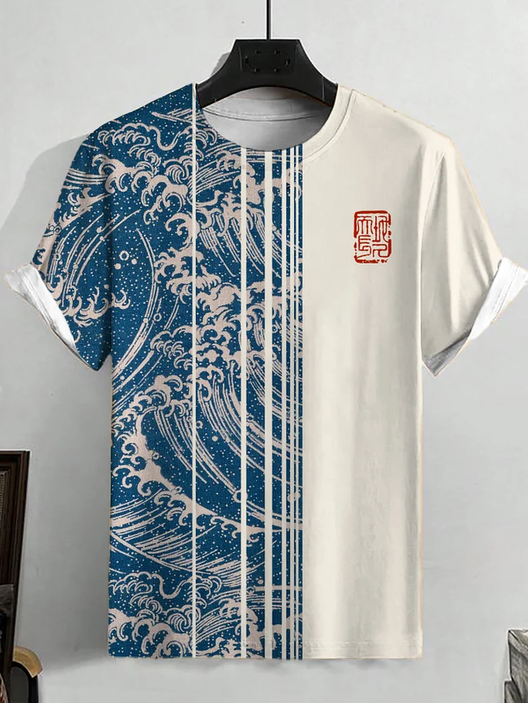 Men's Sea Wave Color Block Art Print Casual Short Sleeve T-Shirt