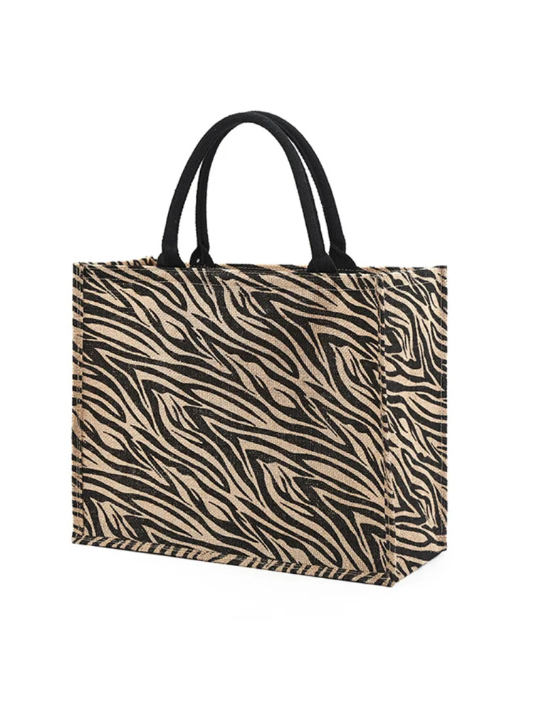 Women Zebra Print Jute Handbag Female Large Capacity Shopping Bag Tote (02)