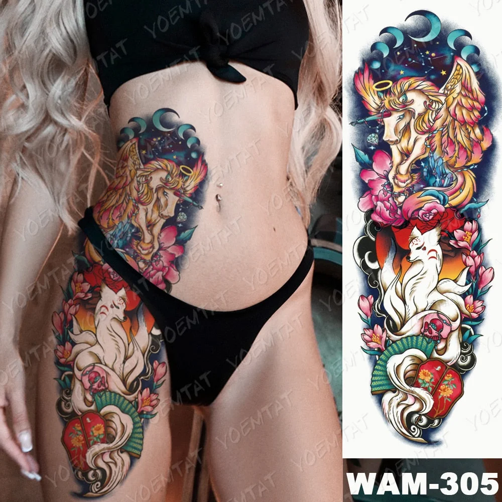 Large Arm Sleeve Tattoo Ninetales Sakura Cat Demon Waterproof Temporary Tatto Stickers Japanese Body Art Full Fake Tatoo Women