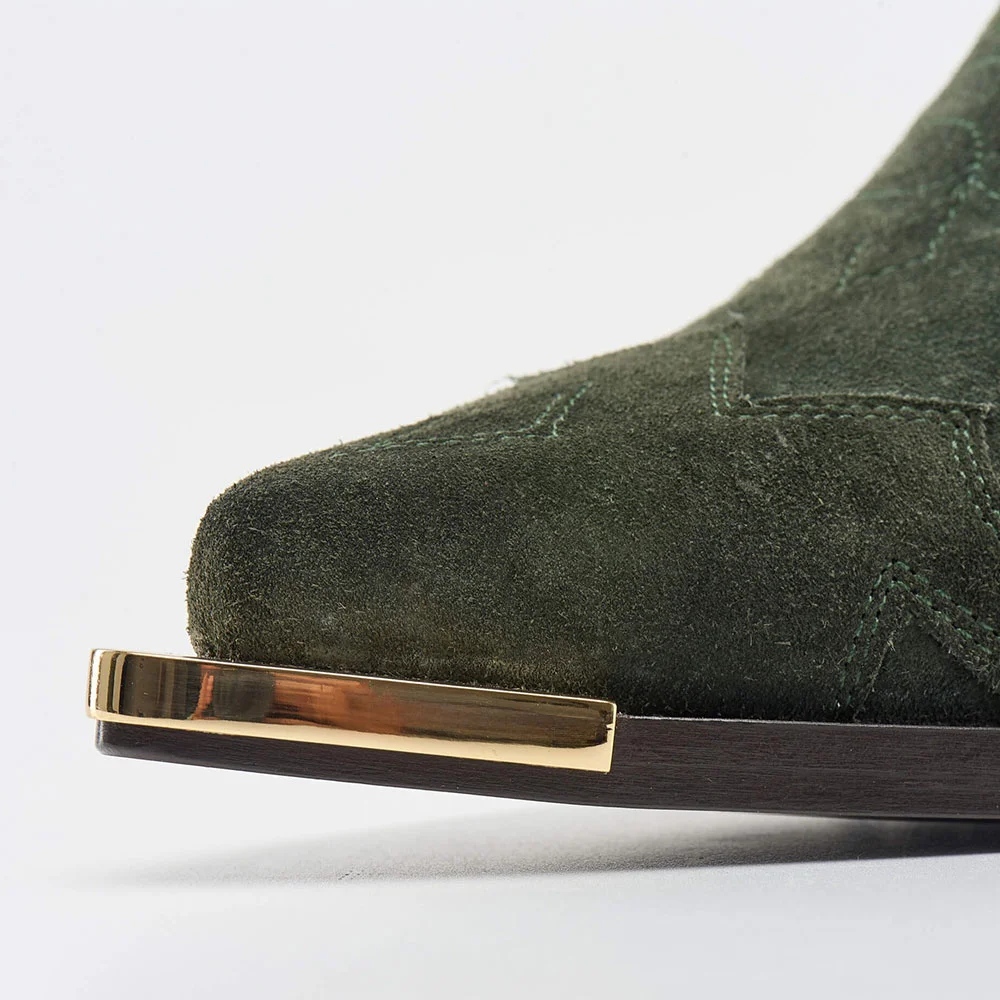 Green Mid Calf Embroidered Pointed Toe Vegan Suede Cowboy Boots