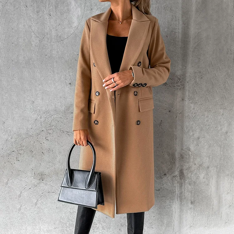 VChics Solid Loose Collar Double Breasted Long Coat