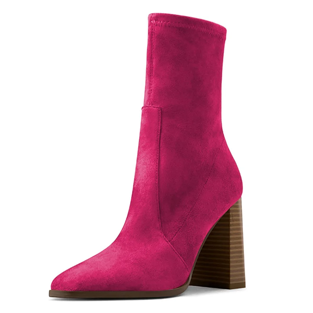 Fuchsia Faux Suede Square Toe Block Heeled Comfy Ankle Boots