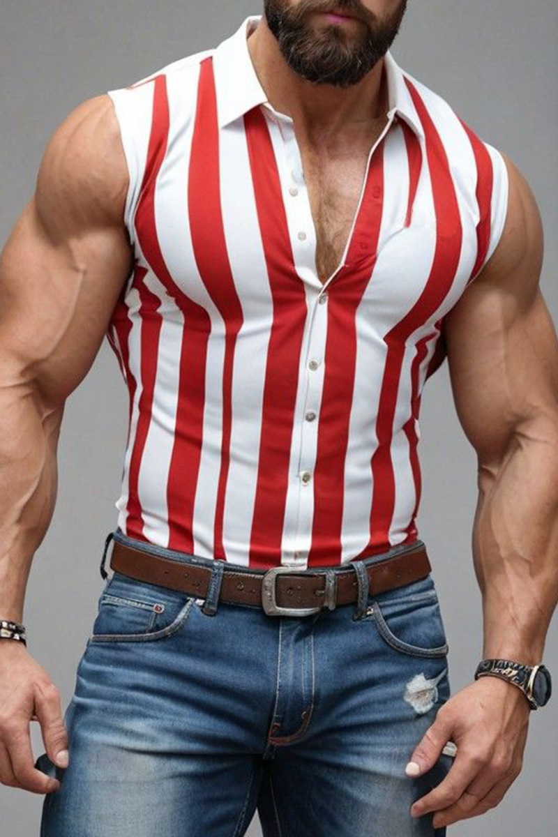 Men's Stripe Print Sleeveless Slim Fit Button Up Shirt