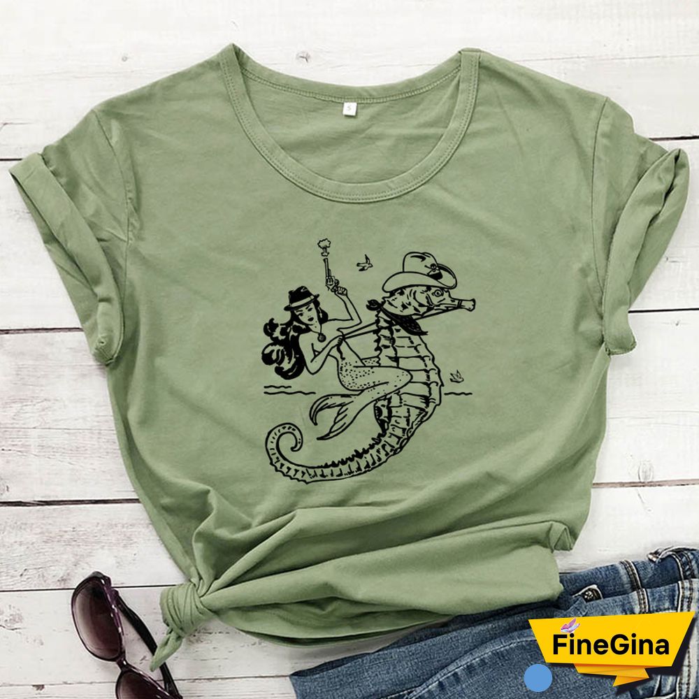 The Cowgirl Mermaid 100% Cotton T-shirt Aesthetic Sea-haw Rodeo Western Tshirt Funny Women Hipster Graphic Tee Shirt Top