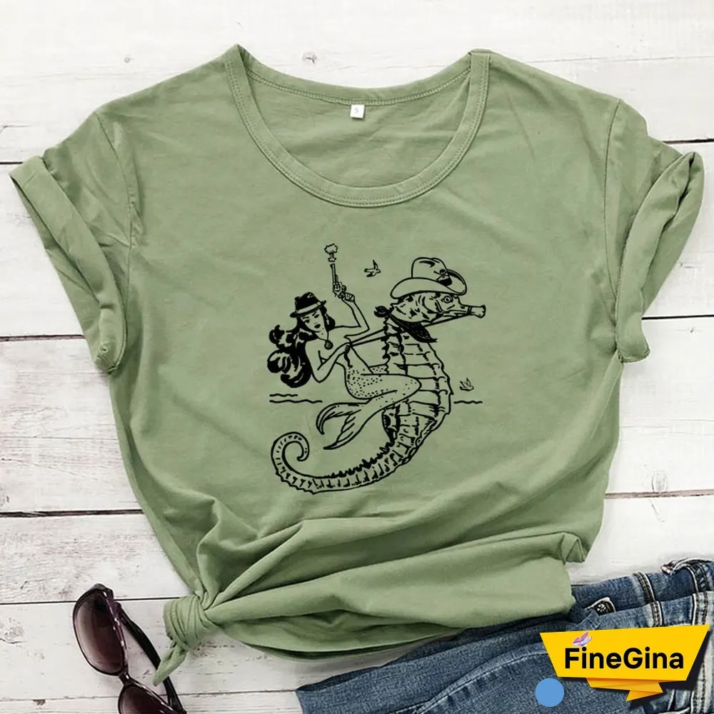 The Cowgirl Mermaid 100% Cotton T-shirt Aesthetic Sea-haw Rodeo Western Tshirt Funny Women Hipster Graphic Tee Shirt Top