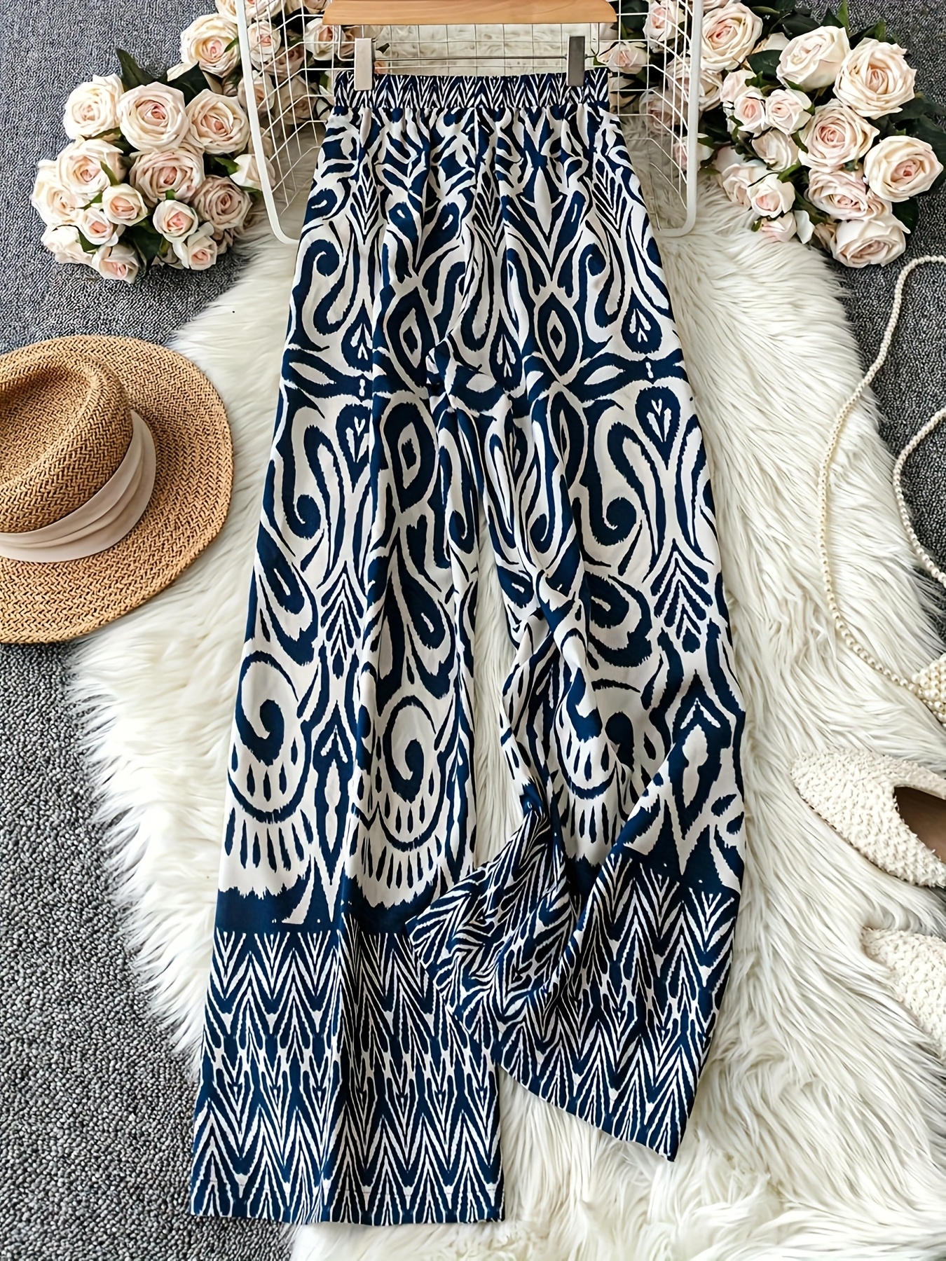 Women's Floral Print Wide-Leg Pants With Elastic Waistband - Loose Fit Long Trousers, Navy Blue & White Paisley Pattern, Machine Washable For Spring Summer Fall Casual Vacation & Casual Attire, Seasonal Fashion, Flowy Fabric | IFYHOME