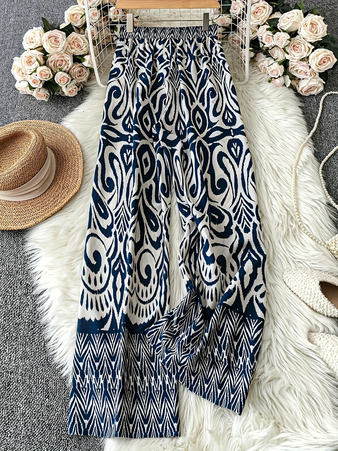 Women's Floral Print Wide-Leg Pants With Elastic Waistband - Loose Fit Long Trousers, Navy Blue & White Paisley Pattern, Machine Washable For Spring Summer Fall Casual Vacation & Casual Attire, Seasonal Fashion, Flowy Fabric | IFYHOME