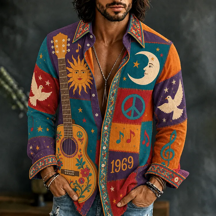 Men's Hippie Music Guitar Pattern Patchwork Art Print Long Sleeves Linen Shirt