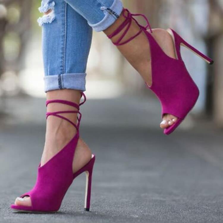 TAAFO Suede Strappy Ankle Peep Toe Sandals