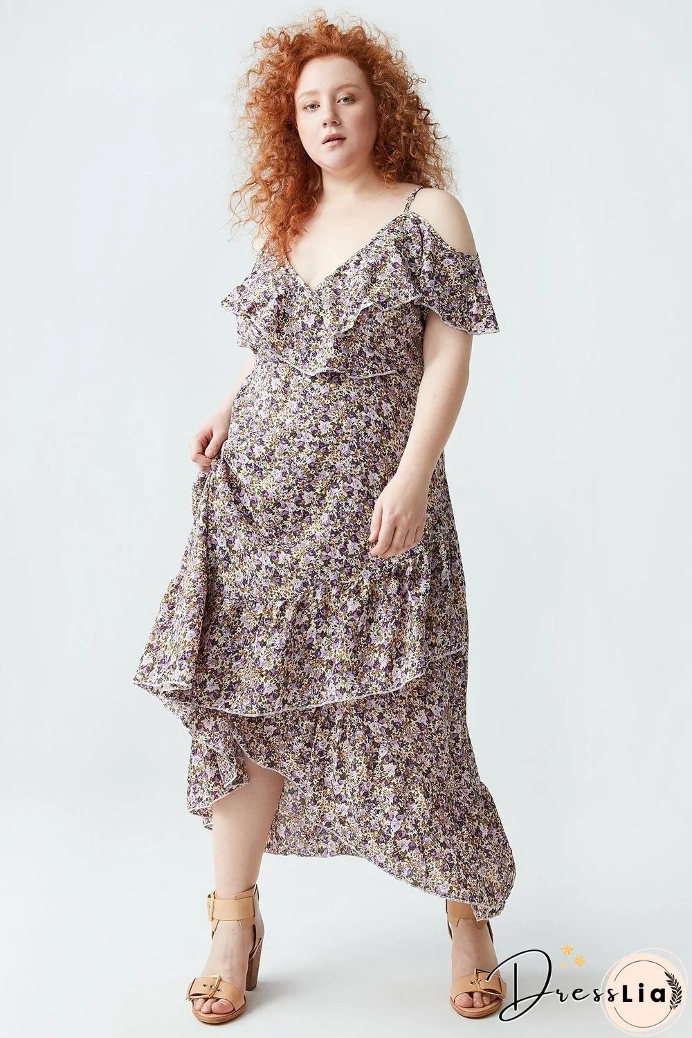 Floral-print Cold-shoulder Ruffled Dress P11993