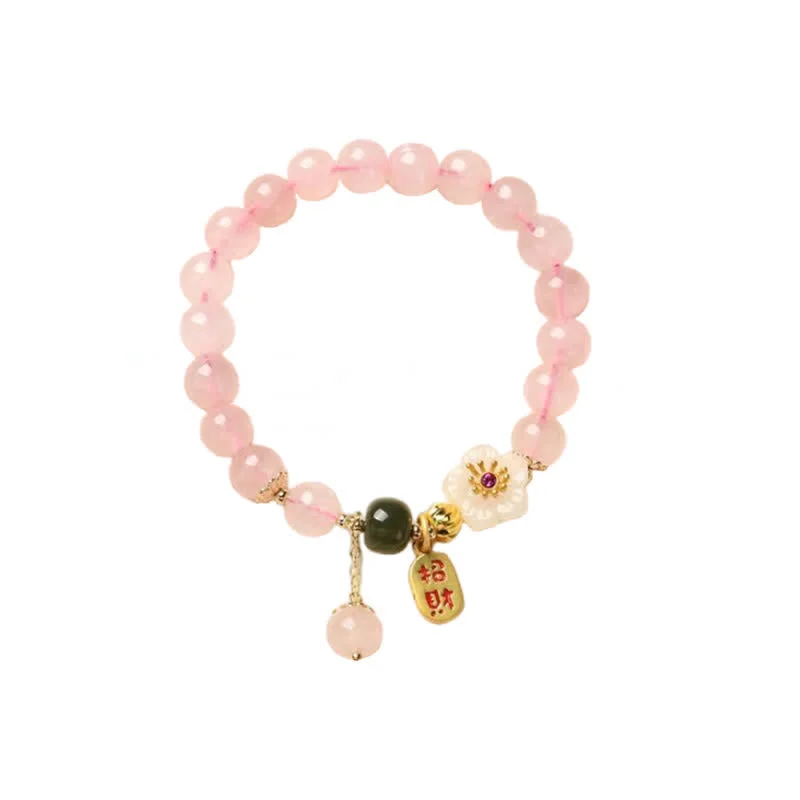 Natural Pink Crystal Jade Flower Charm Bracelet
