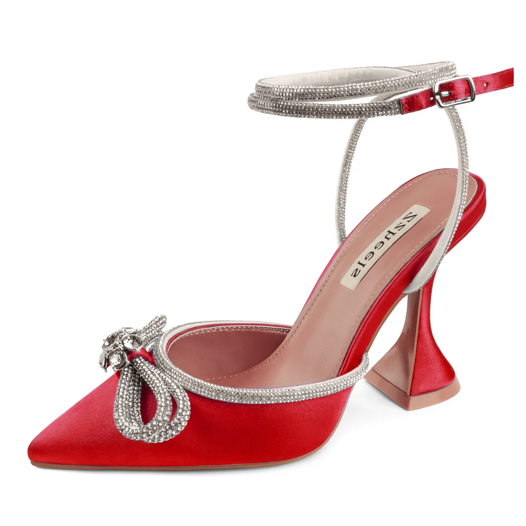 9.5cm/3.74 Women's Double Bow Pointed Toe Ankle Strap Crystal Pumps Wedding Bridal Party Stilettos Backless Satin Heeled Sandals