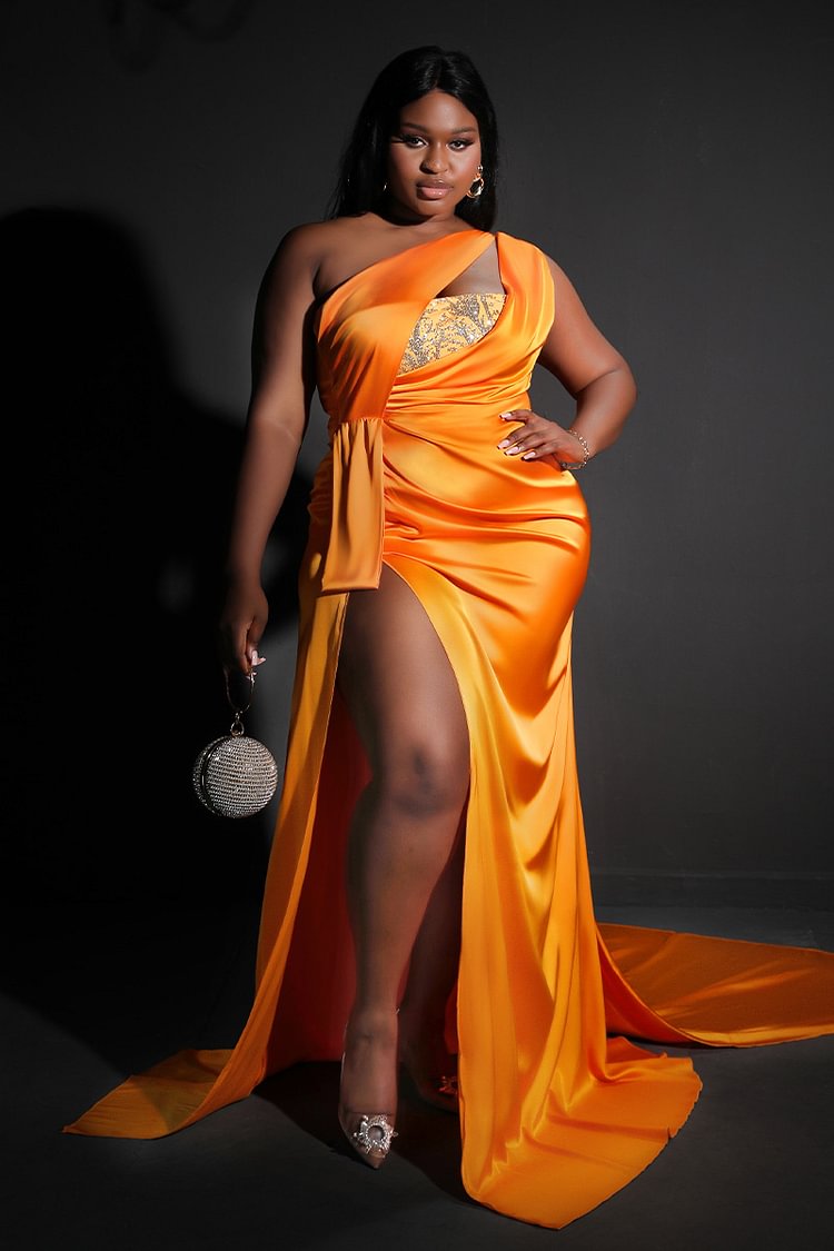 Xpluswear Design Plus Size Formal Orange One Shoulder Beaded Crystals With Ribbon High Split Evening Gowns Maxi Dresses