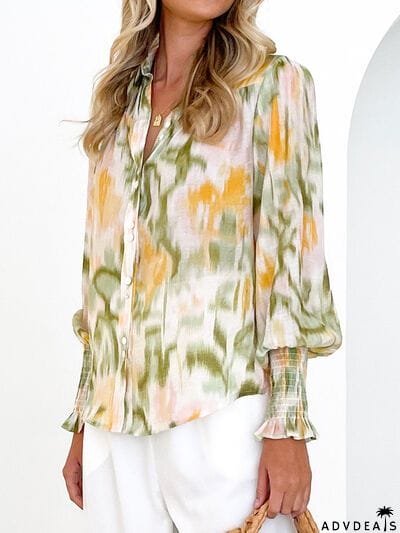 Printed Lantern Sleeve Button Up Shirt
