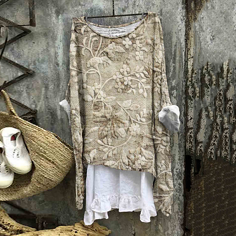 Comstylish Vintage Lace Floral Embroidered Linen Blend Flowy Tunic