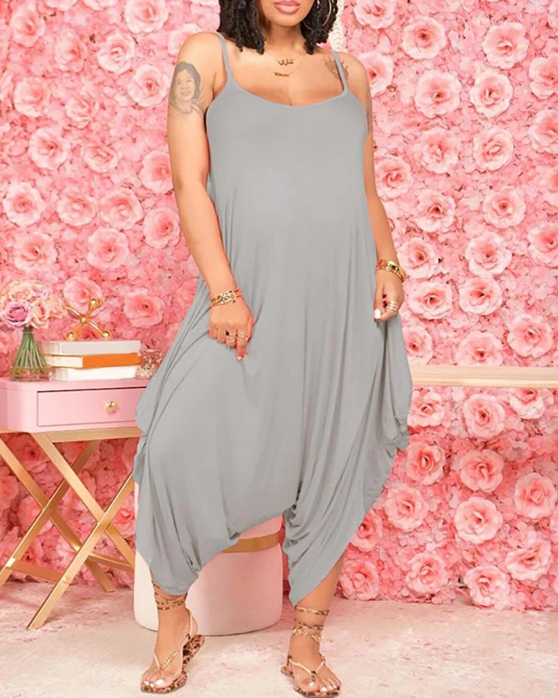 Spaghetti Strap Ruched Plain Casual Jumpsuit