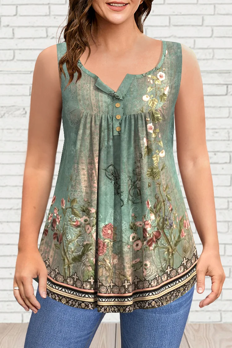 Flycurvy Plus Size Casual Green Retro Boho Floral Print Pleated Tunic Tank Top  Flycurvy [product_label]