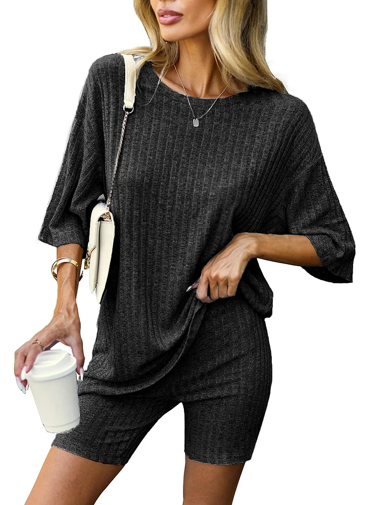 Pajamas 2 Piece lounge sets for women Ribbed Knit Matching Outfits T-shirt Biker Shorts Sleepwear Sweatsuits S-XL