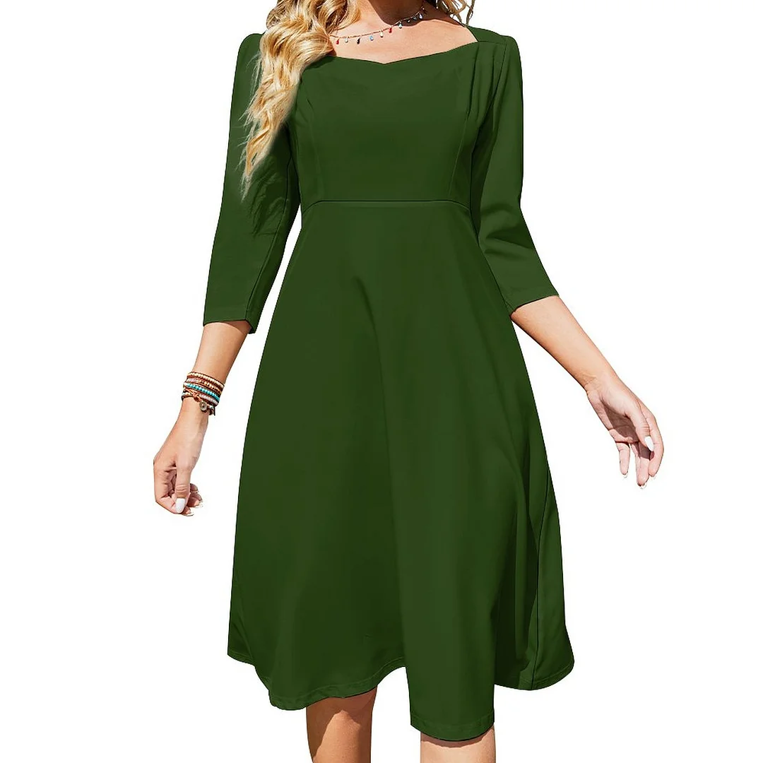 Army Military Khaki Green Yoga Running Exercise Dress Sweetheart Tie Back Flared 3/4 Sleeve Midi Dresses