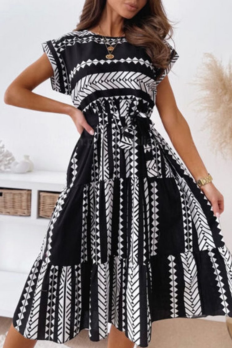 Fashion Elegant Print Split Joint O Neck A Line Dresses