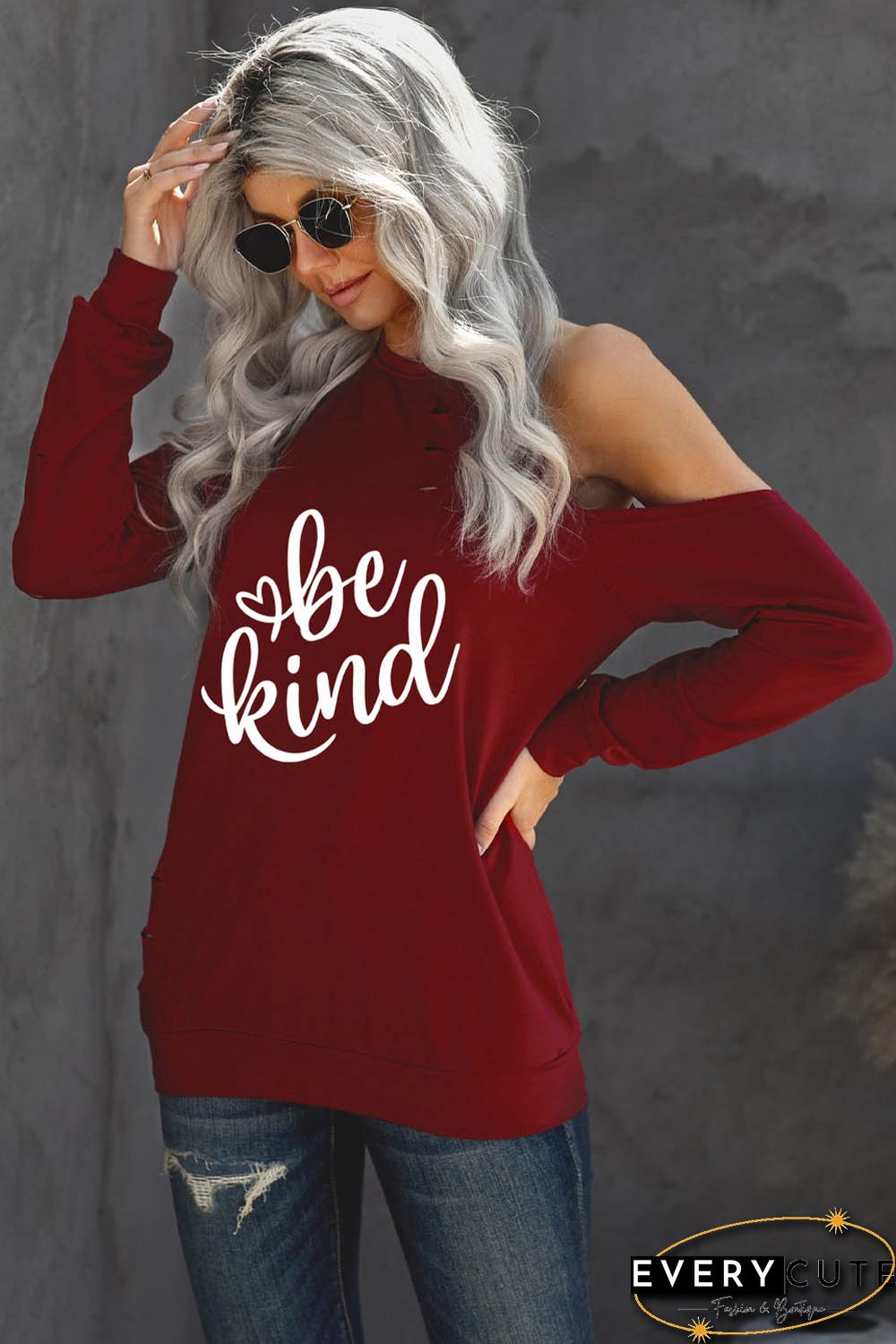 Valentine Be Kind Heart Print Ripped Cold Shoulder Top