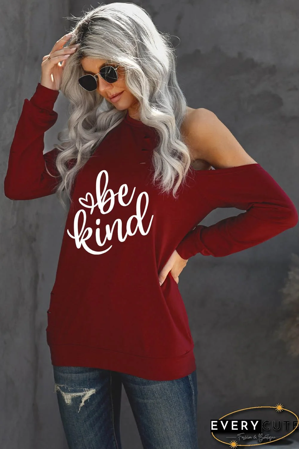 Valentine Be Kind Heart Print Ripped Cold Shoulder Top