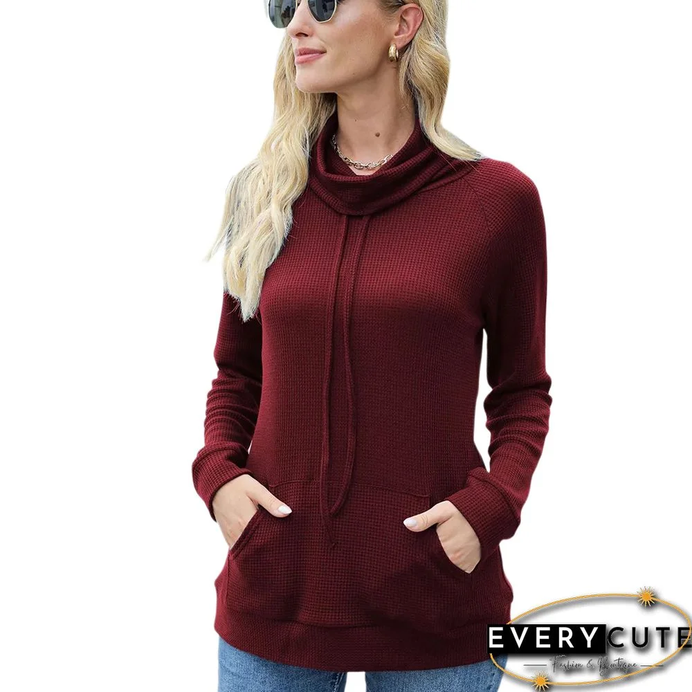 Wine Red Heap Collar Drawstring Pocket Long Sleeve Top