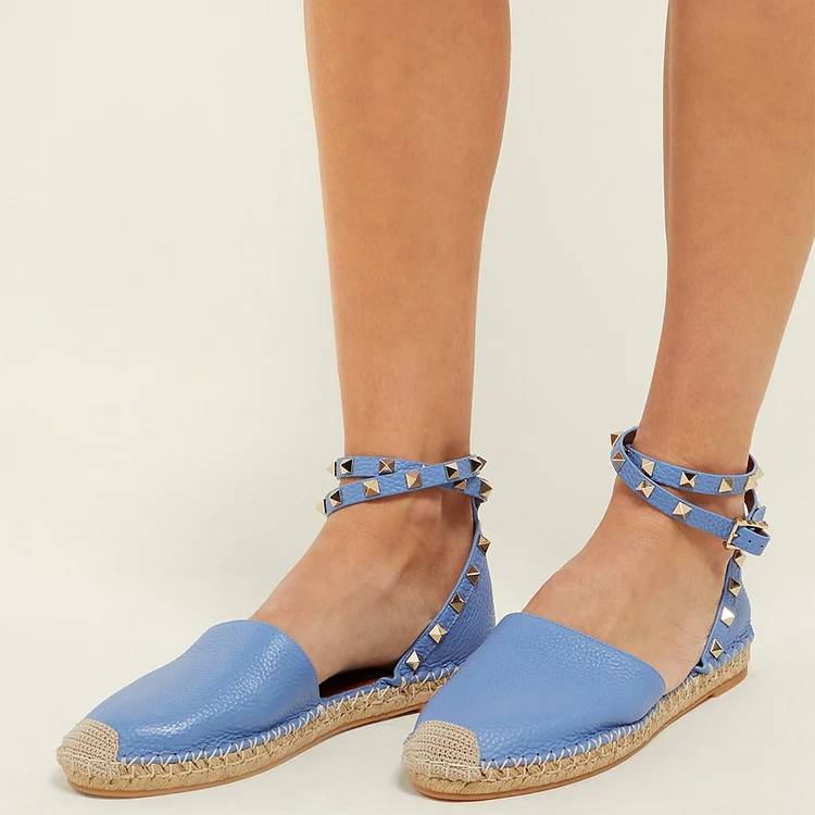 Light Blue Litchi Grain Studs Ankle Strap Comfortable Flats |FSJ Shoes