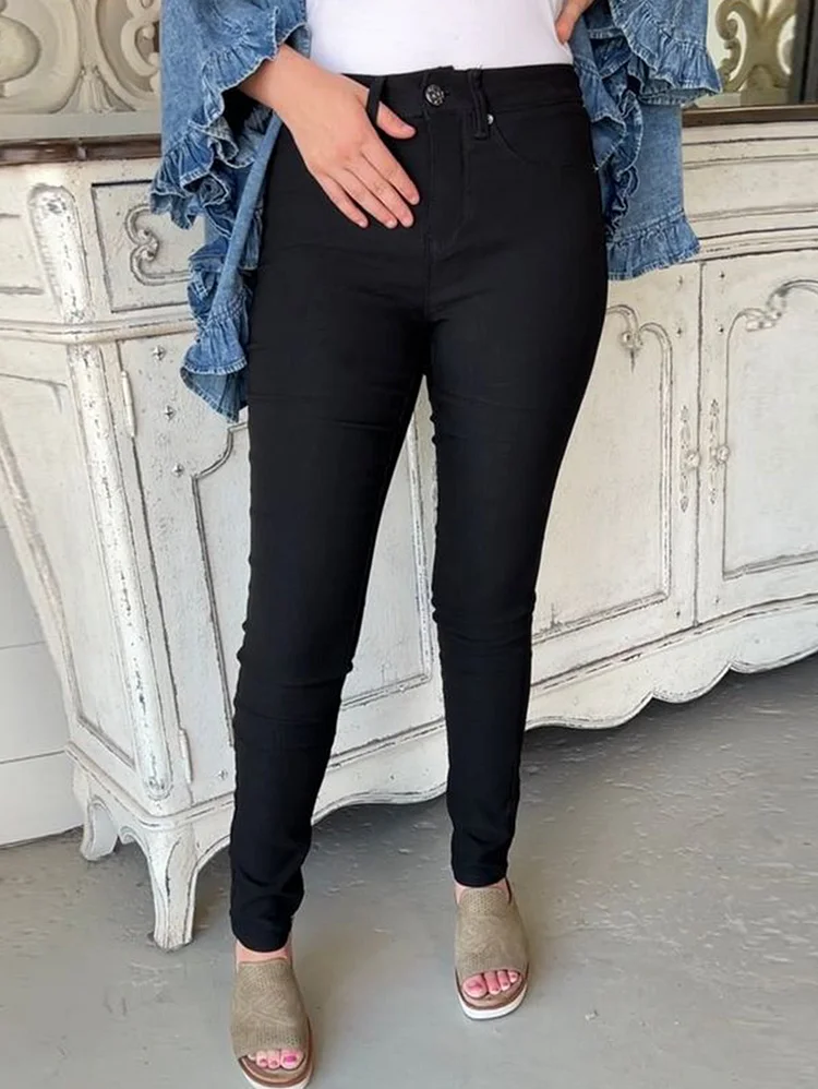 Casual Solid Color Pocket Stretch Skinny Pencil Pants