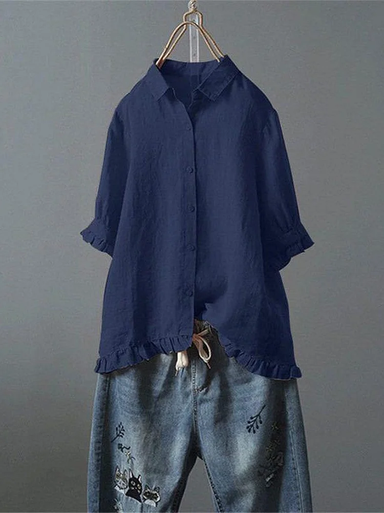 Women's Cotton and Linen Casual Single-Row Button Ruffle Shirt