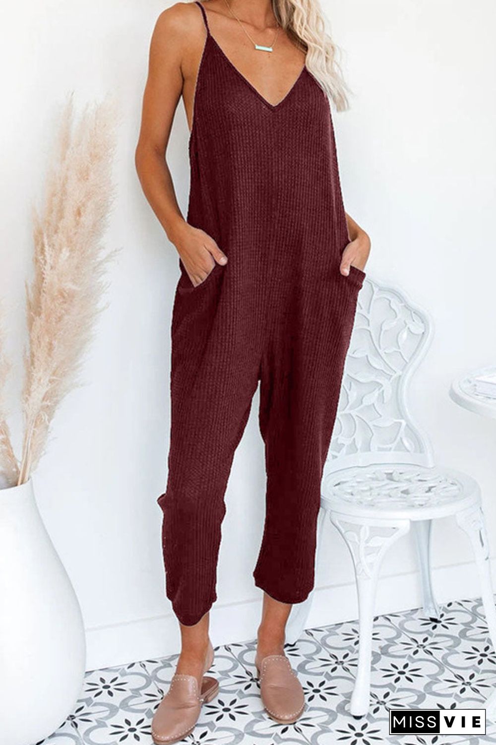 Fashion Street Solid Pocket V Neck Loose Jumpsuits(4 Colors)