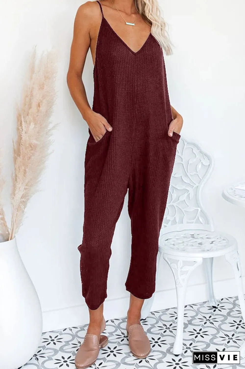 Fashion Street Solid Pocket V Neck Loose Jumpsuits(4 Colors)