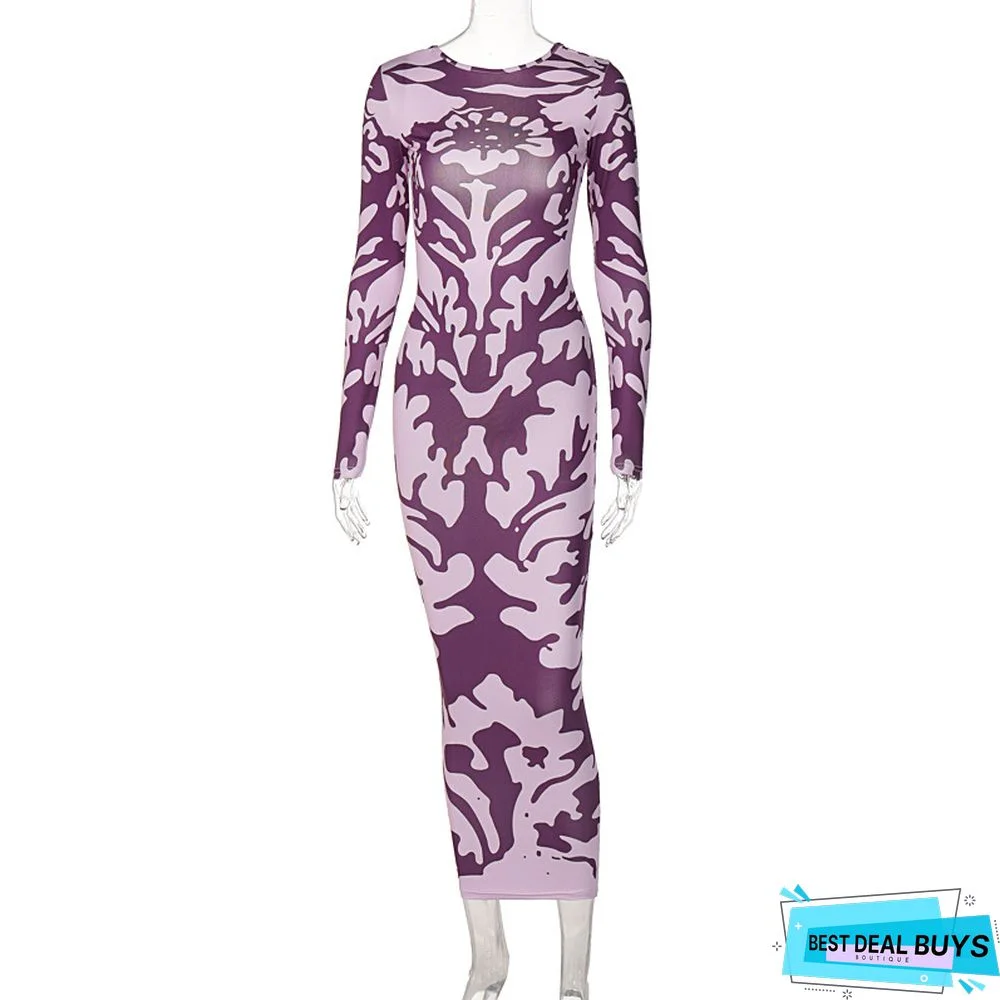 Fashion Printed Slim Back Long Sleeved Dress For Women