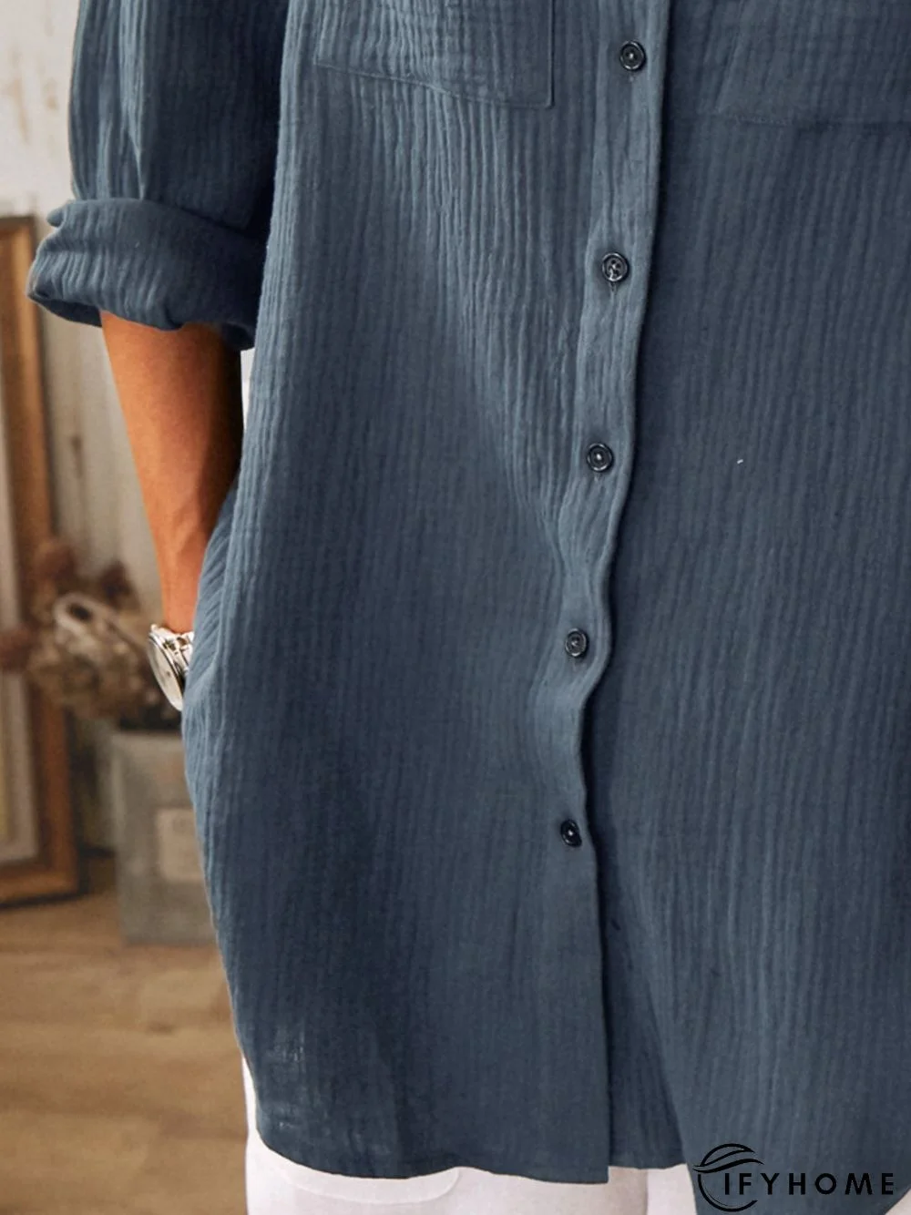 Navy Blue Long Sleeve Cotton Tunic Blouse | IFYHOME