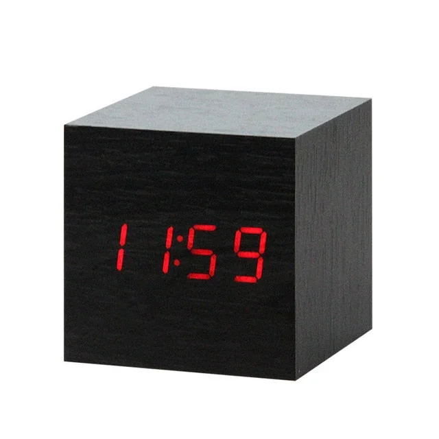 Wooden Digital LED Alarm Clock Voice Control USB/AAA Powered Electronic Table Clock Multifunction Temperature Desk Watch Decor