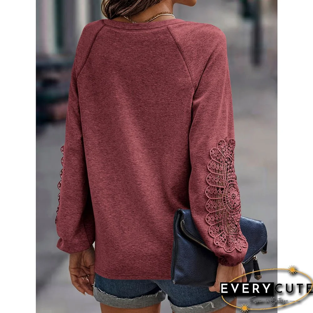 Wine Red V Neck Spliced Crochet Long Sleeve Tops