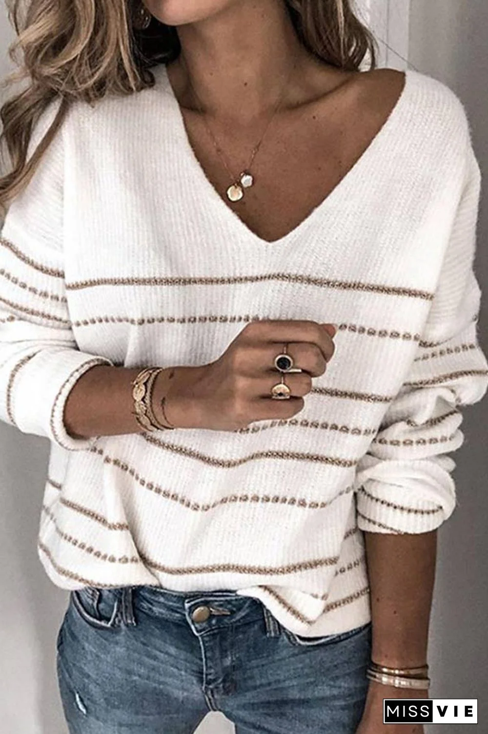 Casual V Neck Striped Sweater