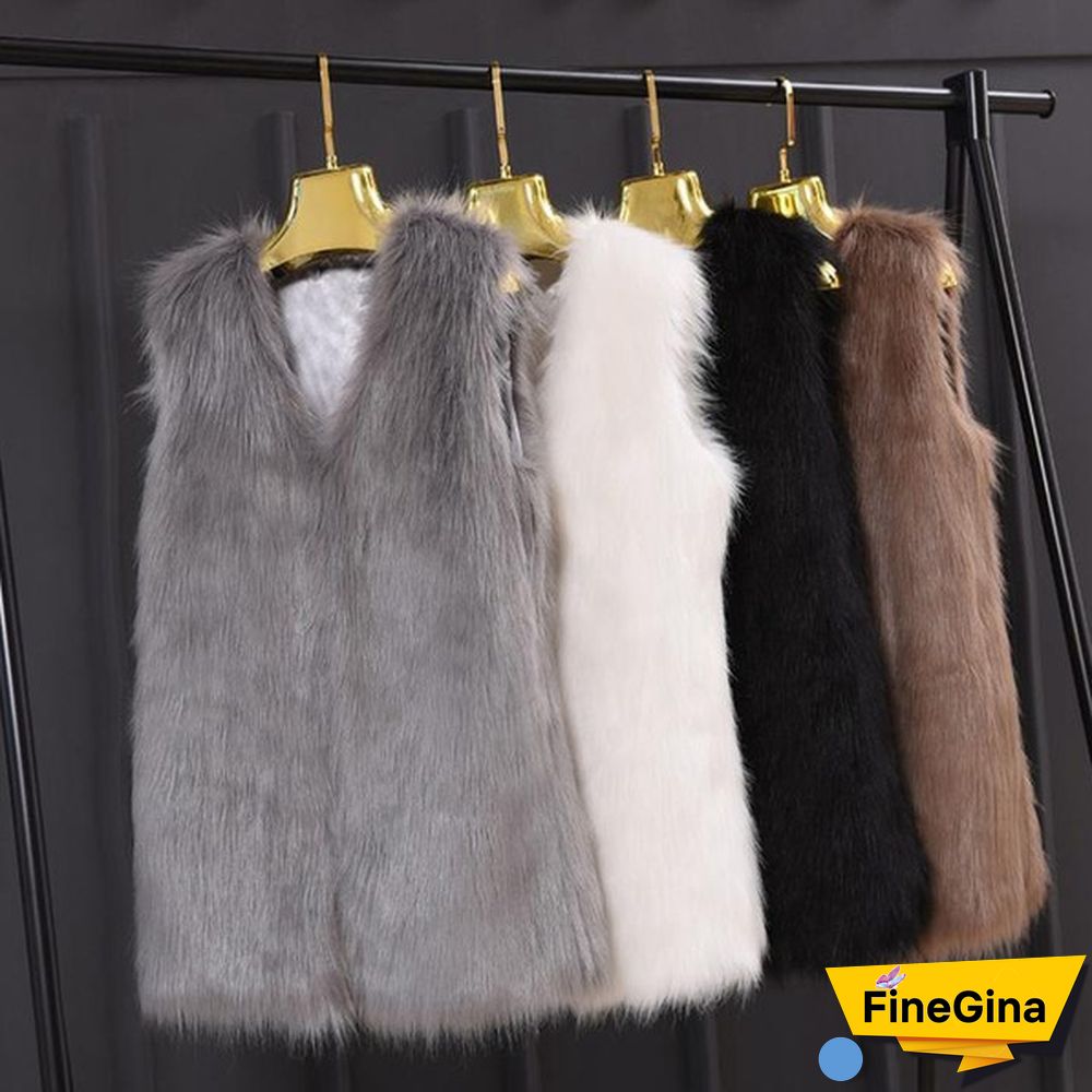 Fashion Women Elegant Slim Sleeveless Faux Fur Winter V-neck Vest Waistcoat