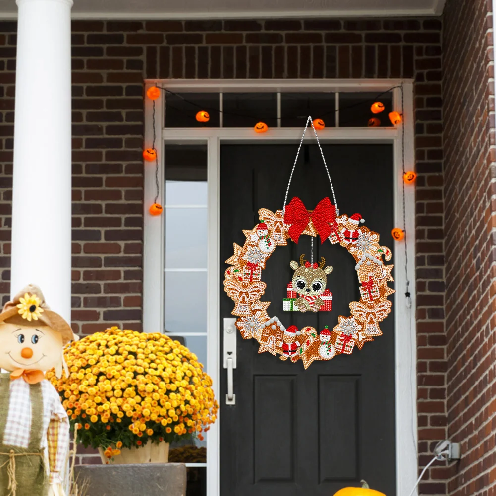 DIY Xmas Elk Acrylic Single Side Special Shaped Diamond Painting Wreath Ornament with LED Light