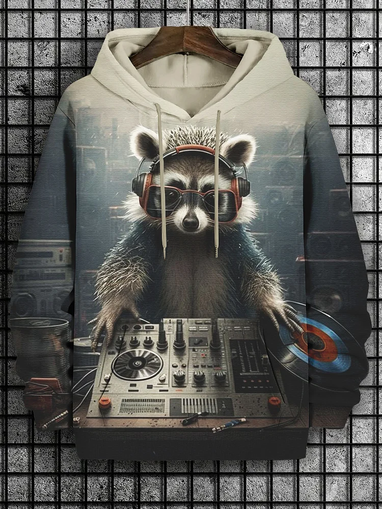 Men's Rock Dark Raccoon DJ Art Print Hooded Sweatshirt