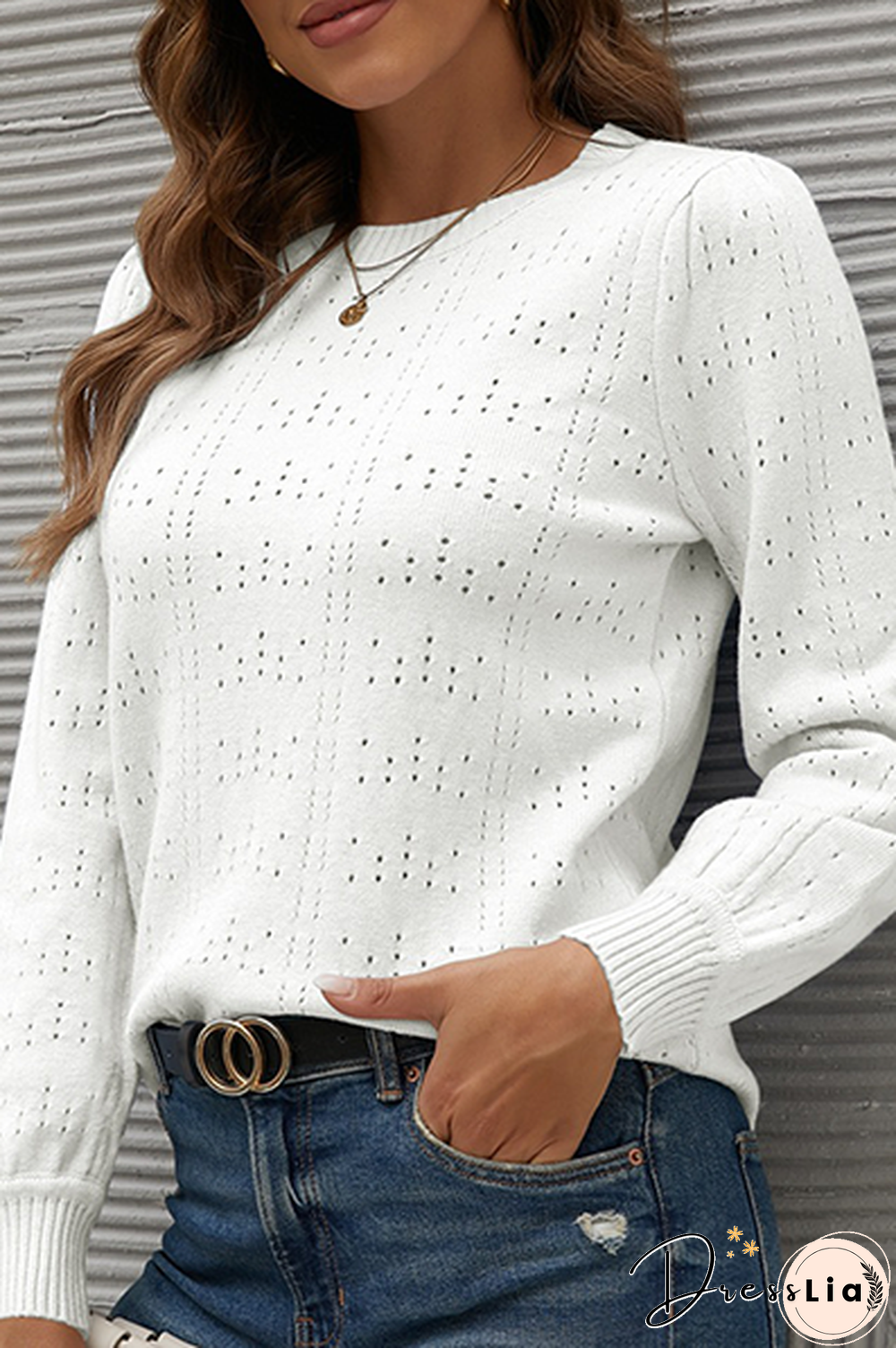 Casual Solid Hollowed Out Split Joint O Neck Tops