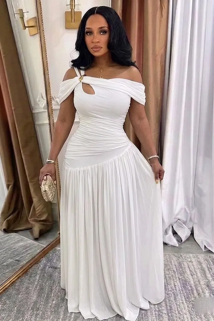 maxi dress for party Long Ruffled Maxi Party Dress with Strappy Back White / Medium
