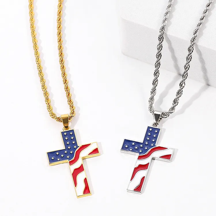 Unisex American Independence Day Flag Cross Oil Drop Pendant Necklace