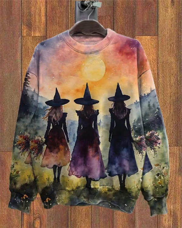 Witches With Flowers In Their Hands Halloween Print Loose Sweatshirt