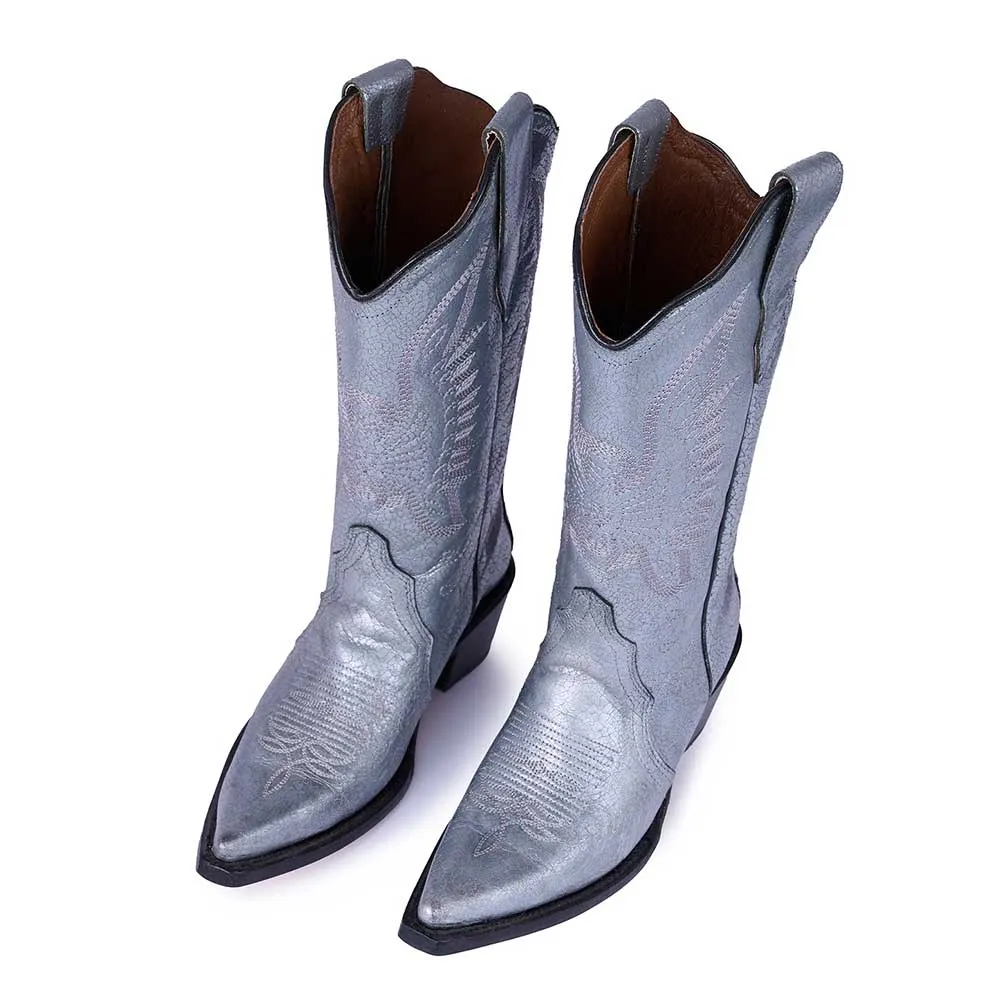 Silver Pointed Toe Embroidered Mid Calf Women's Western Boots