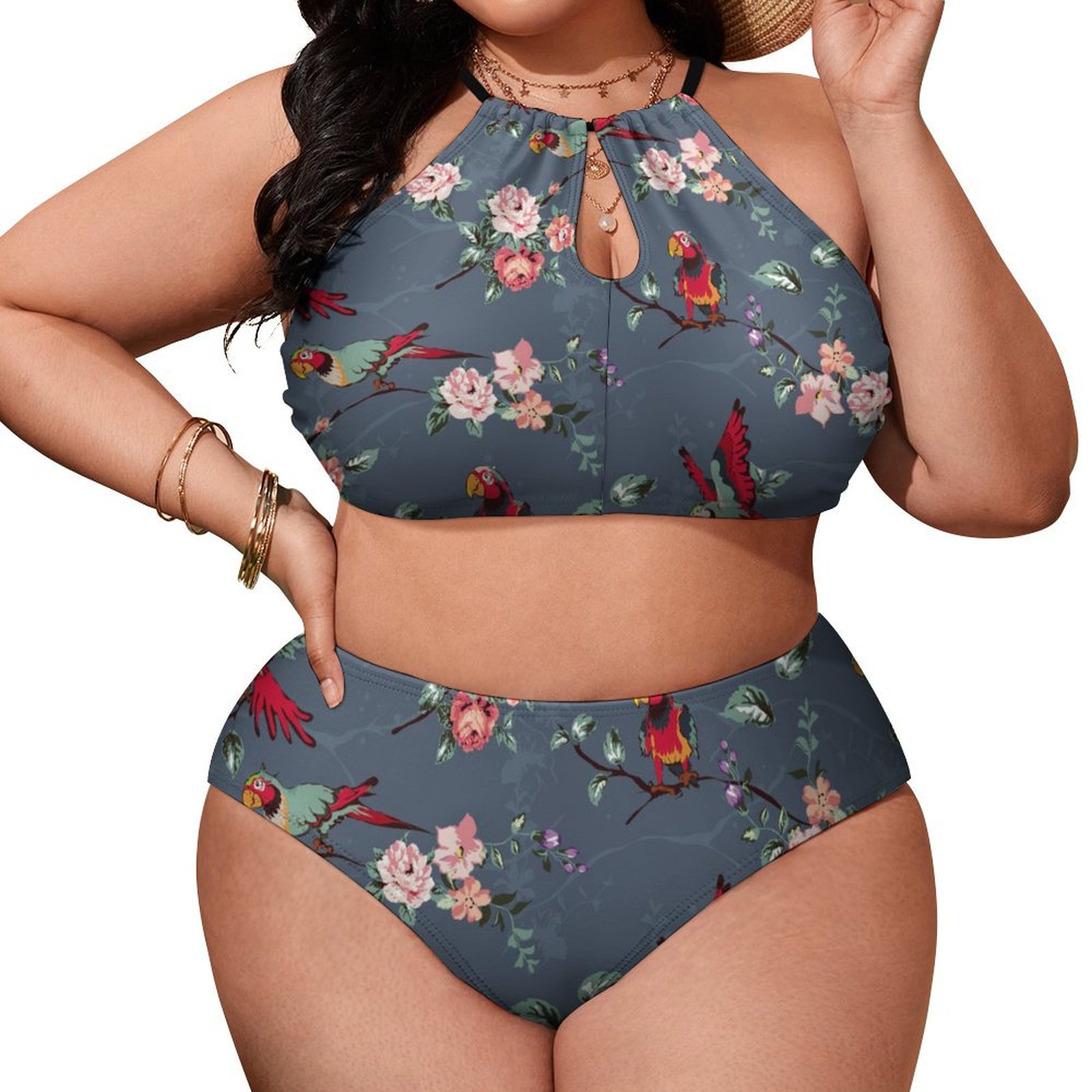 Women's Flowers Nature Birds High Waisted Two-Piece Plus Size Bikini Swimsuits Sets