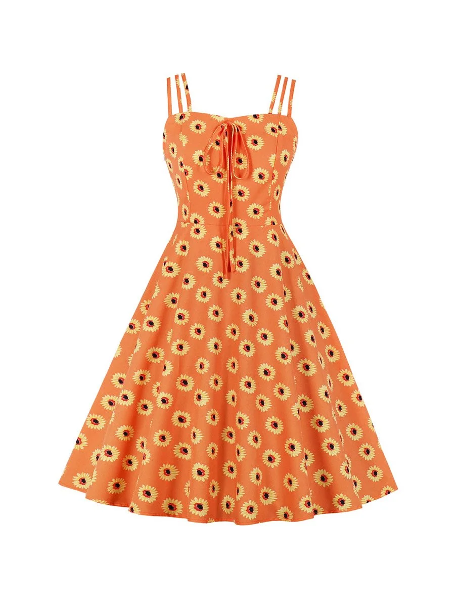1950s Style Fashion Strap Sling Floral Dresses Sexy Little Daisy Print Dress