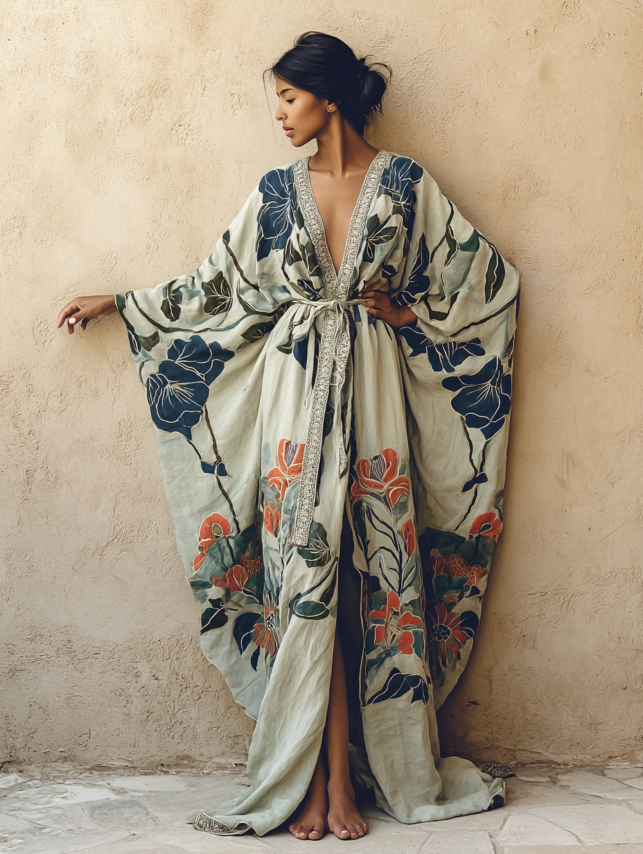 Women's Lotus Leaf Kimono Linen Robe (Including Belt)