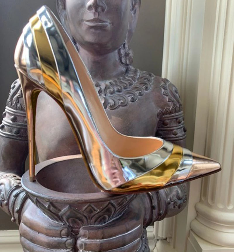 VCSHOES Mirror Gold Silver Patent Leather High Heel Pumps Female Mixed Color Patchwork Strap Thin Heels Pointy Toe Wedding Shoes